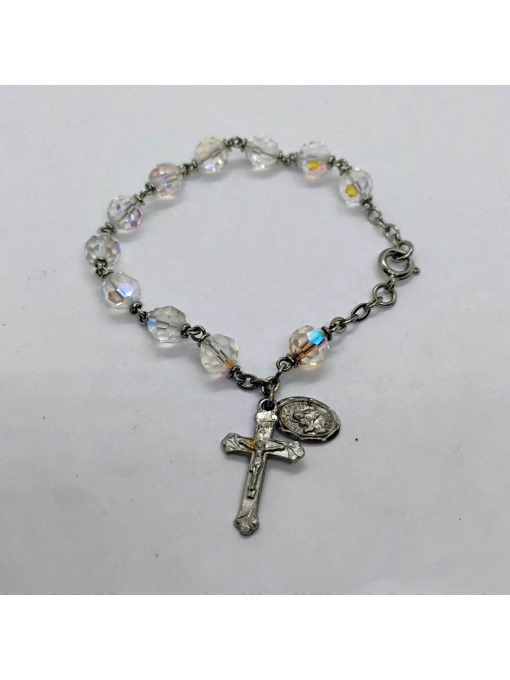 Vtg "Chapel" Sterling Crucifix AB Rhinestone Bracelet Our Lady of Snows Charm